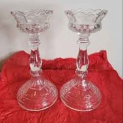 Vintage Tall Pressed Glass Candlestick Holders - Pair