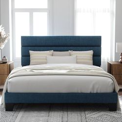 King Size Platform Bed Frame with Fabric Upholstered Headboard and Wooden Slats Support, Fully Upholstered Mattress Foundation/No Box Spring Needed/Ea