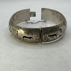 Vintage Mexico Sterling Silver Bullfighter Hinged Bangle Bracelet 