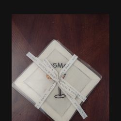 Embroidered Cocktail Coasters, 4, By Lord & Taylor. The packaging is yellowed due to aging plastic, but the coasters are white and new.
