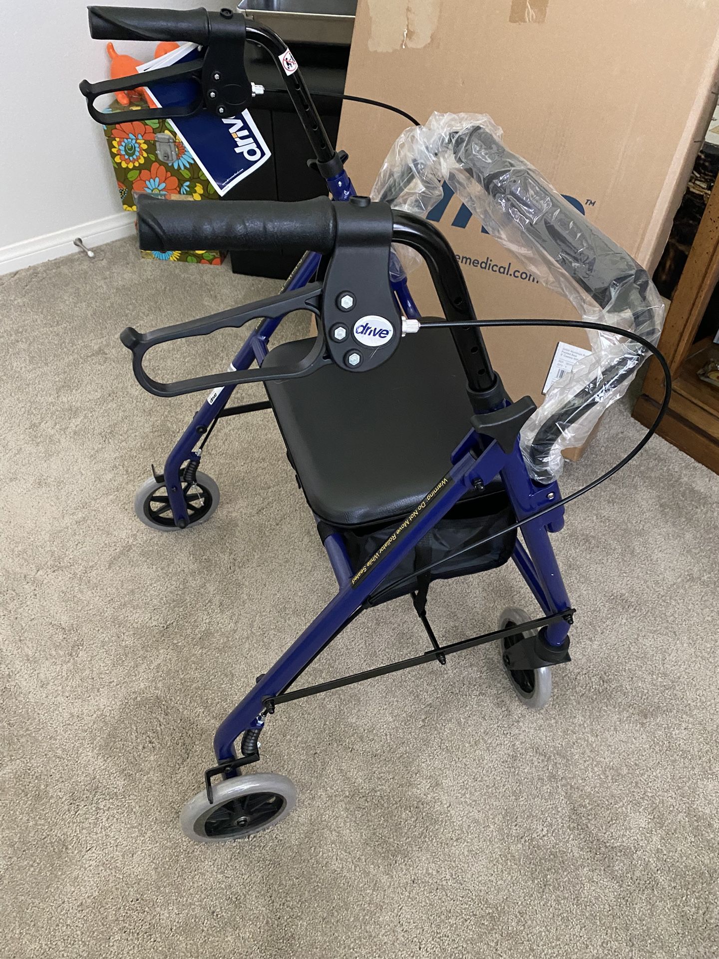 $40 NEW! Drive Brand Walker Junior Aluminum Rollator Padded Seat 6" Casters With Loop Locks, Blue