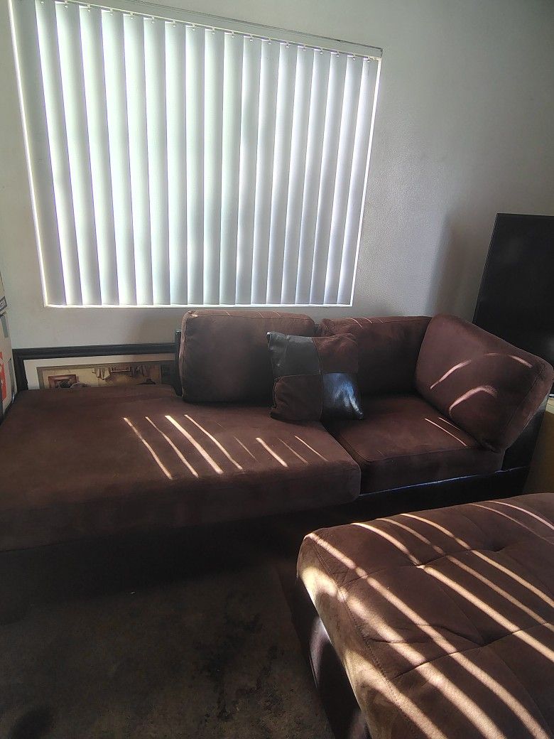 Brown Suede Sectional Sofa with Ottoman
