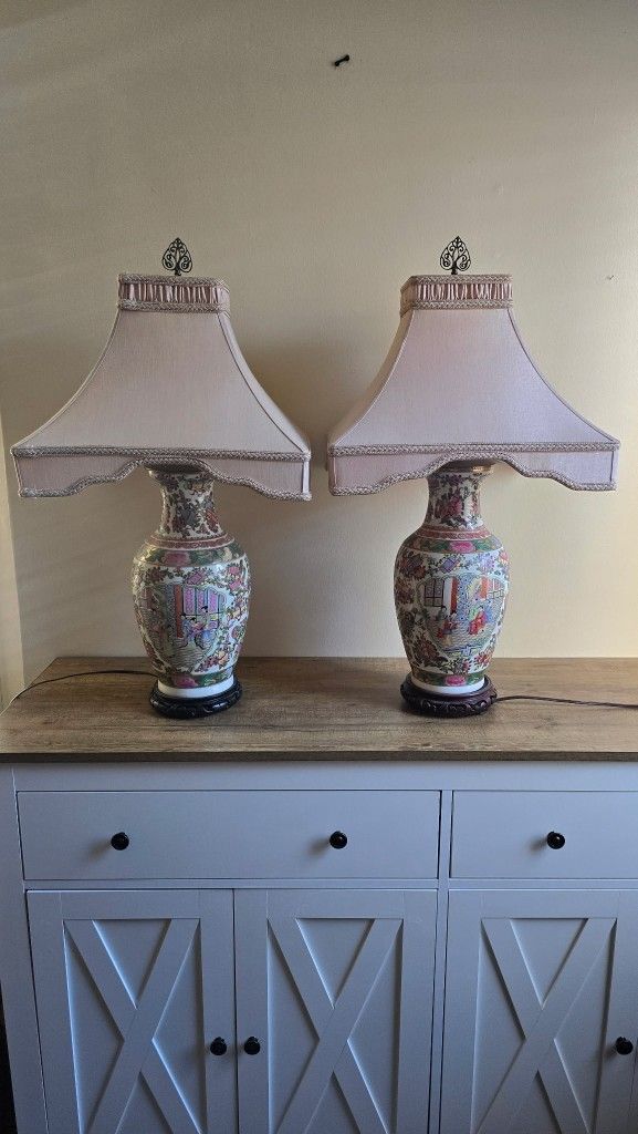 Antique Rose Medallion Lamps Asian Lamps Vintage Chinese Antique