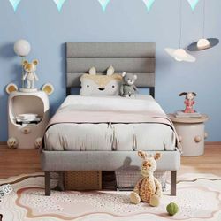 Twin Bed Frame with Linen Upholstered Headboard, Metal Platform Bed Frame, Grey