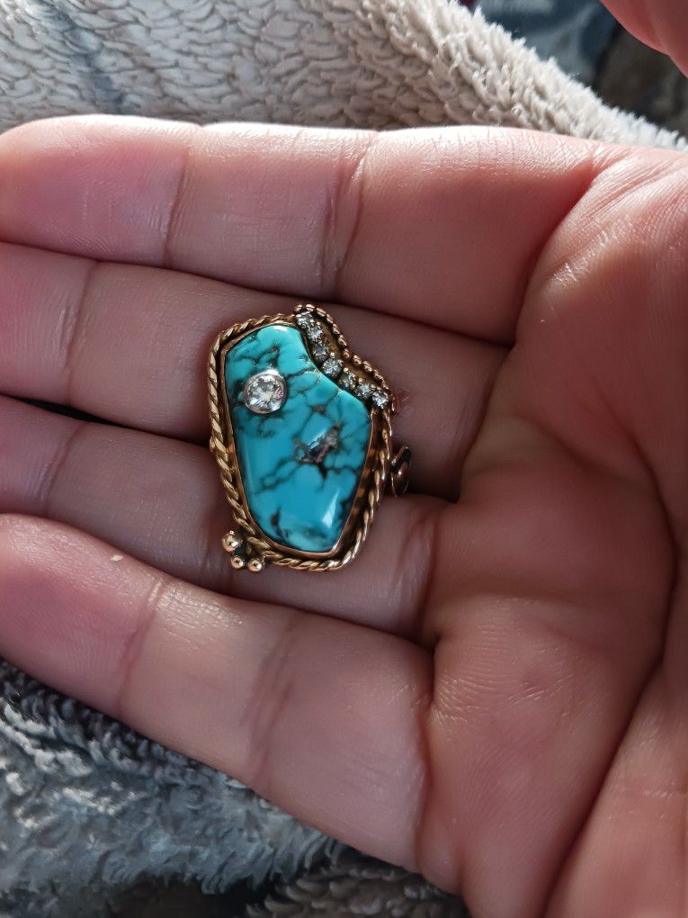 14k Gold Navajo Diamond Turquoise Ring Sz 8