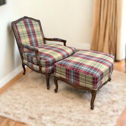 Sherrill Traditional French Louis XV Plaid Fauteuil Armchair & Ottoman