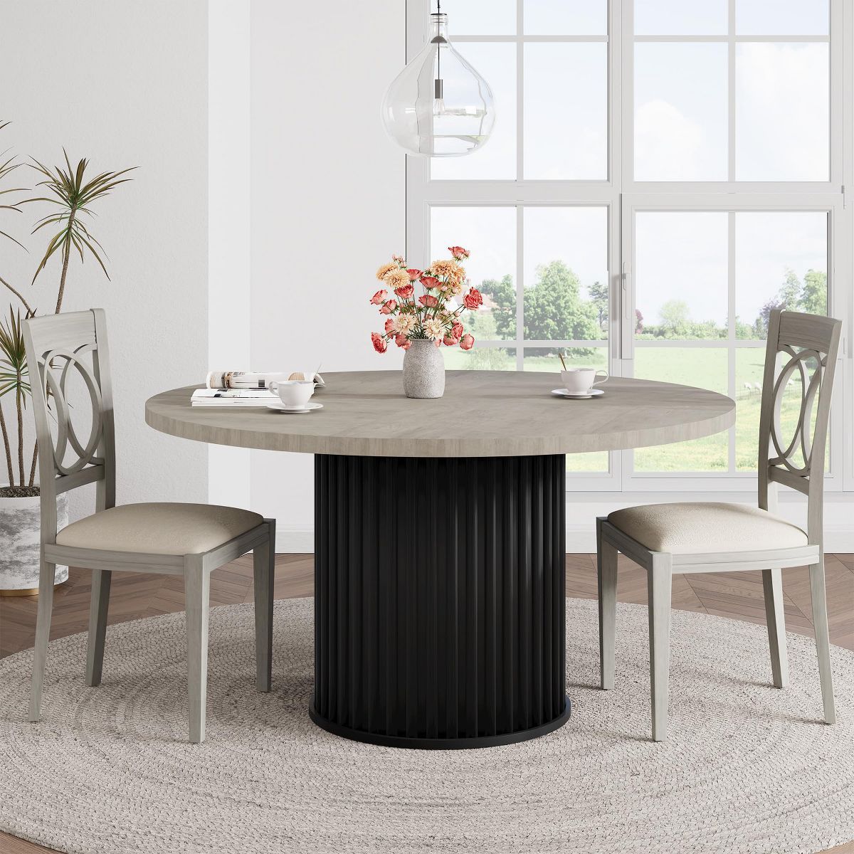 47" Round Dining Table, Seats 4–6 — Farmhouse Style with Sturdy Wavy Metal Pedestal Base for Kitchen or Dining RoomSeats