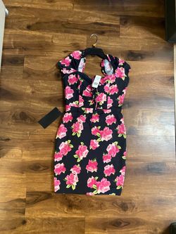 Black Floral Mini Dress with Lace-Up Front