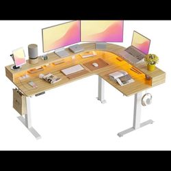 FEZIBO Triple Motor L Shaped Stadning Desk with LED Strip & Power Outrlets，63 inches Height Adjustable Stand up Corner Desk with Ergonomic Monitor Sta