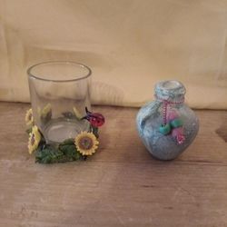 Candle Holder With Ladybug Decorative Sunflowers And Small Decorative Vase 
