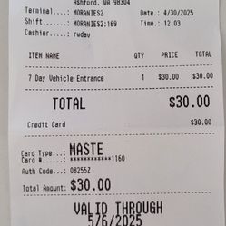 Mount RAINIER 7 DAY Receipt Pass Expires 5/6/25