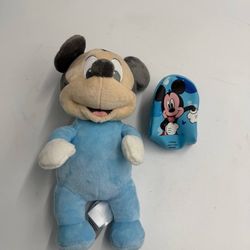 Disney Parks Baby Blue Mickey Mouse Plush Chime Rattle Stuffed Animal With Pouch Keychain
