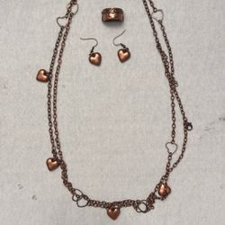 Copper Heart Pendants Necklace With May Hing Ring And Earrings