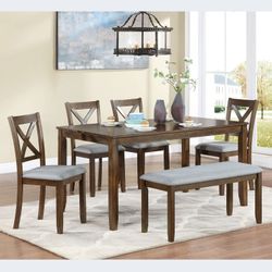 6-Piece Kitchen Dining Set – Rectangular Wooden Dining Table with 4 Upholstered Chairs and Bench (Walnut)