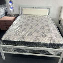 White Metal Full Size Bed And Mattress Combo 