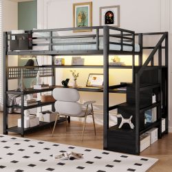Mirelle Full Size Metal Loft Bed with Desk, Staircase , Storage and Charge Station