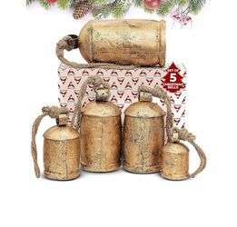 Akatva Large Brass Cow Bells for Rustic Christmas Decor - Set of 5 Vintage Gold Bells on Rope
