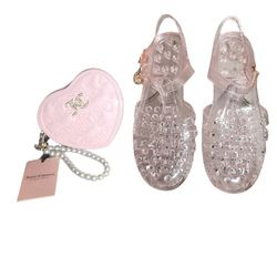 NWT Juicy Couture Pink Jelly Sandals Sz 9 & Pink Heart Pearl Wristlet Wallet Set