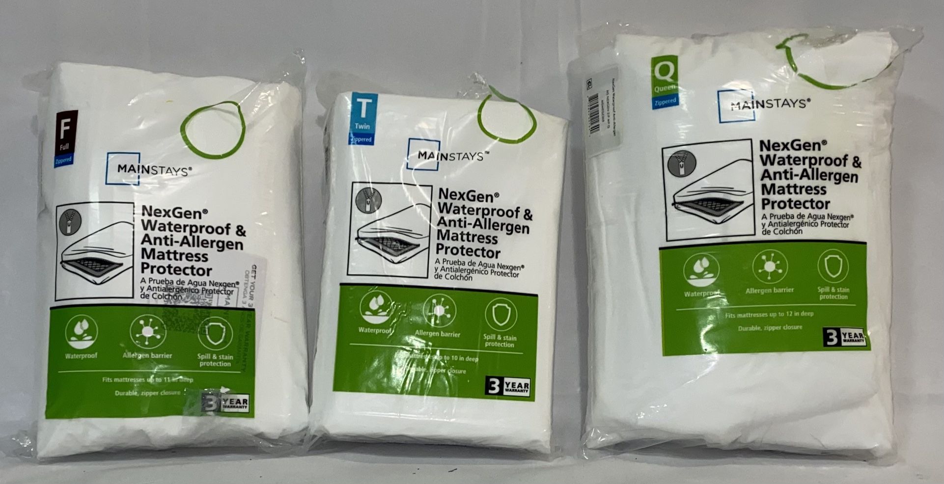 Mainstays NexGen Waterproof Anti-Allergen Zippered Mattress Protector, Pack of Twin, Full, and Queen