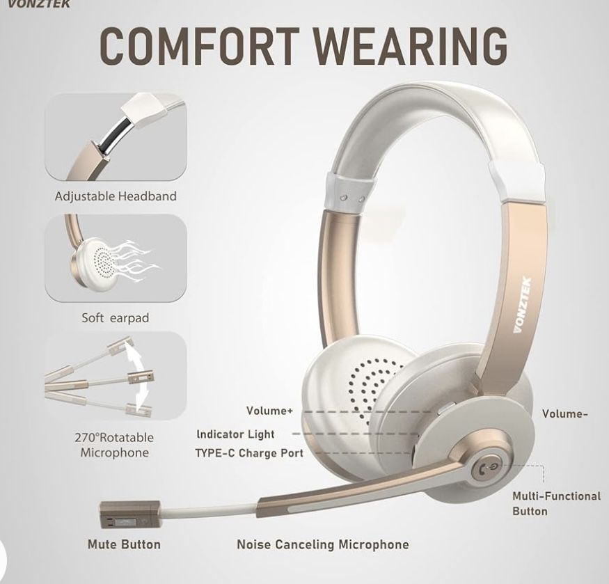 Bluetooth Headset with Microphone, QCC Wireless Headphones with Mic Noise Cancelling