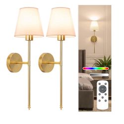 NIORSUN Battery Operated Wall Sconce Set of 2,Gold Rechargeable Wall Lights with 5200mAh Dimmable Bulbs and Remote,10 Colors Wireless Wall Lamps for B