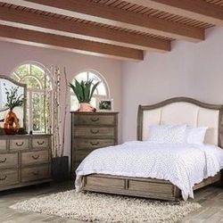 Brand New 4 PC Rustic Natural Tone Bedroom Set with Fabric Headboard