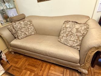 Victorian-Style Upholstered Sofa with Carved Wood Frame