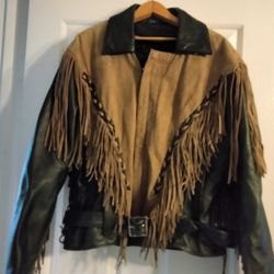 Black Leather & Beige Overlay Fringe Jacket 