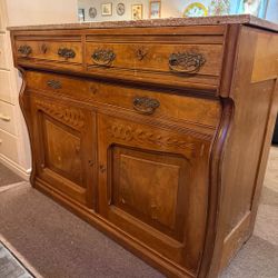 Antique Marble Top Eastlake Victorian Cabinet Buffet Sideboard Chest