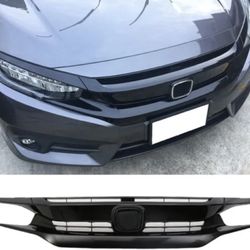 Fits 16-21 Honda Civic 10th Front Bumper Hood Grille OE Style Gloss Black - ABS