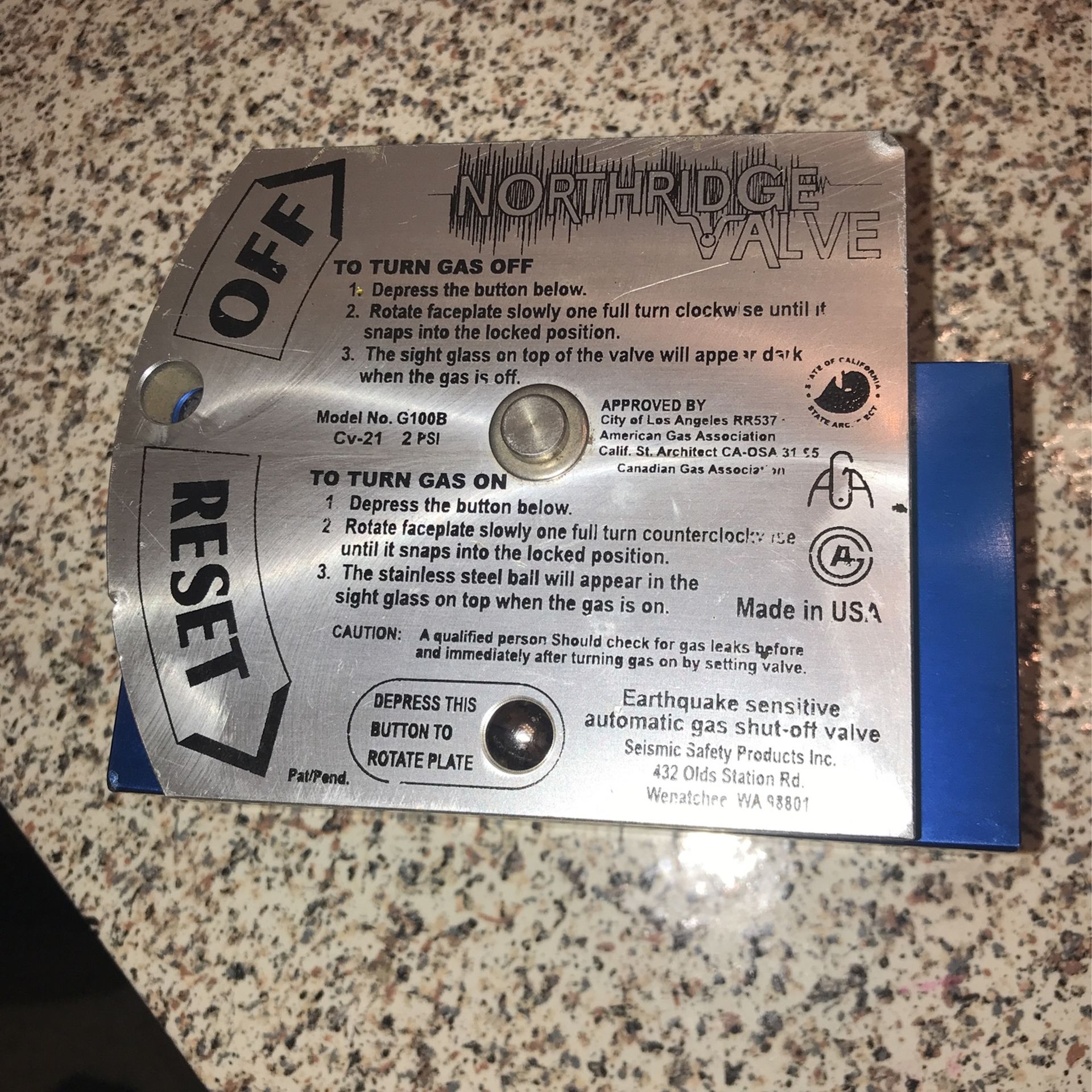 Northridge Valve SSP Earthquake Sensitive Gas Shut Off Valve 3/4”