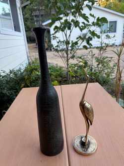 Home Decor Set: 16" Tall Molbak's Metal Croc Vase & 12" Brass Finish Crane Figurine