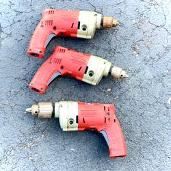 3 Vintage Milwaukee Heavy Duty Corded Drills, Keyed Chuck, USA