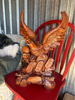 Large Solid Wood Feng Shui Qilin / Eagle Prosperity Sculpture – Intricately Hand-Carved Asian Decor – 20” Tall