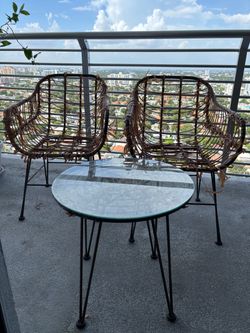 Outdoor Patio Set – 2 Chairs + Glass Table – Needs Repair