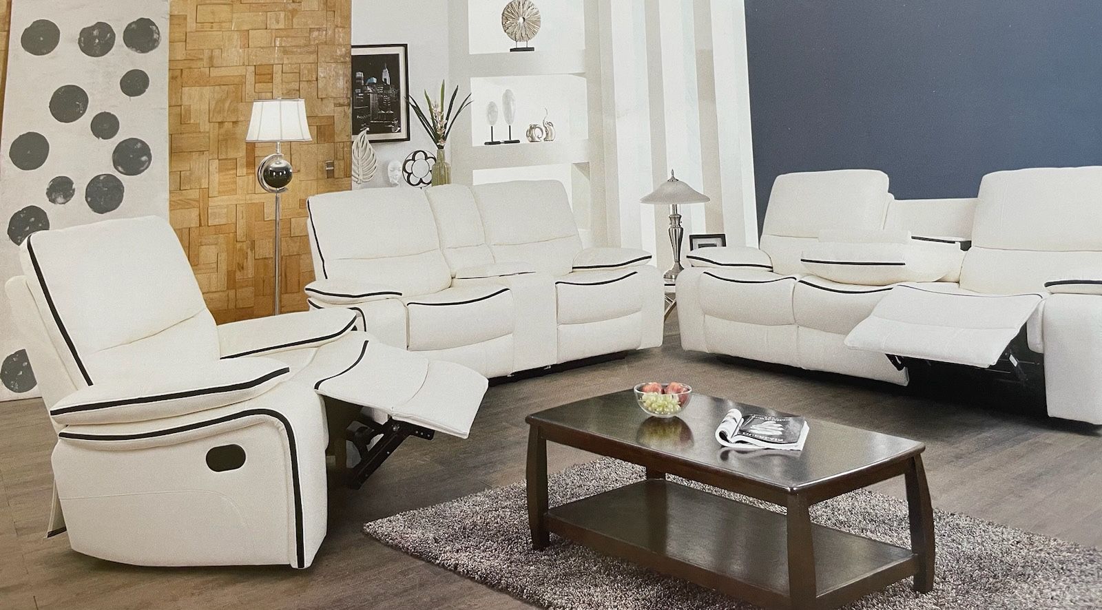 White Leather Fully Reclining Three Piece Couch Set 