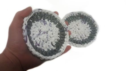Handmade Crocheted Upcycled Plastic Bag Scrubbers-Sets of 2-8-Plarn-Recycled-Pot Scrubbers-White-Gray-5'