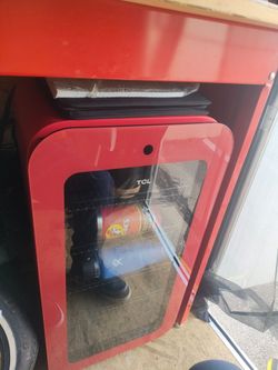 New open box TCL Lowes red mini glass door fridge