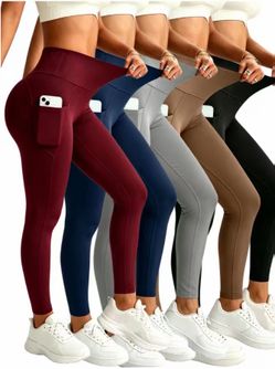 5-Pack High Waist Yoga Pants For Women, Buttery Soft Elastic Athletic Leggings, Hip Lifting Slim Fit Pants With Convenient Side Pockets