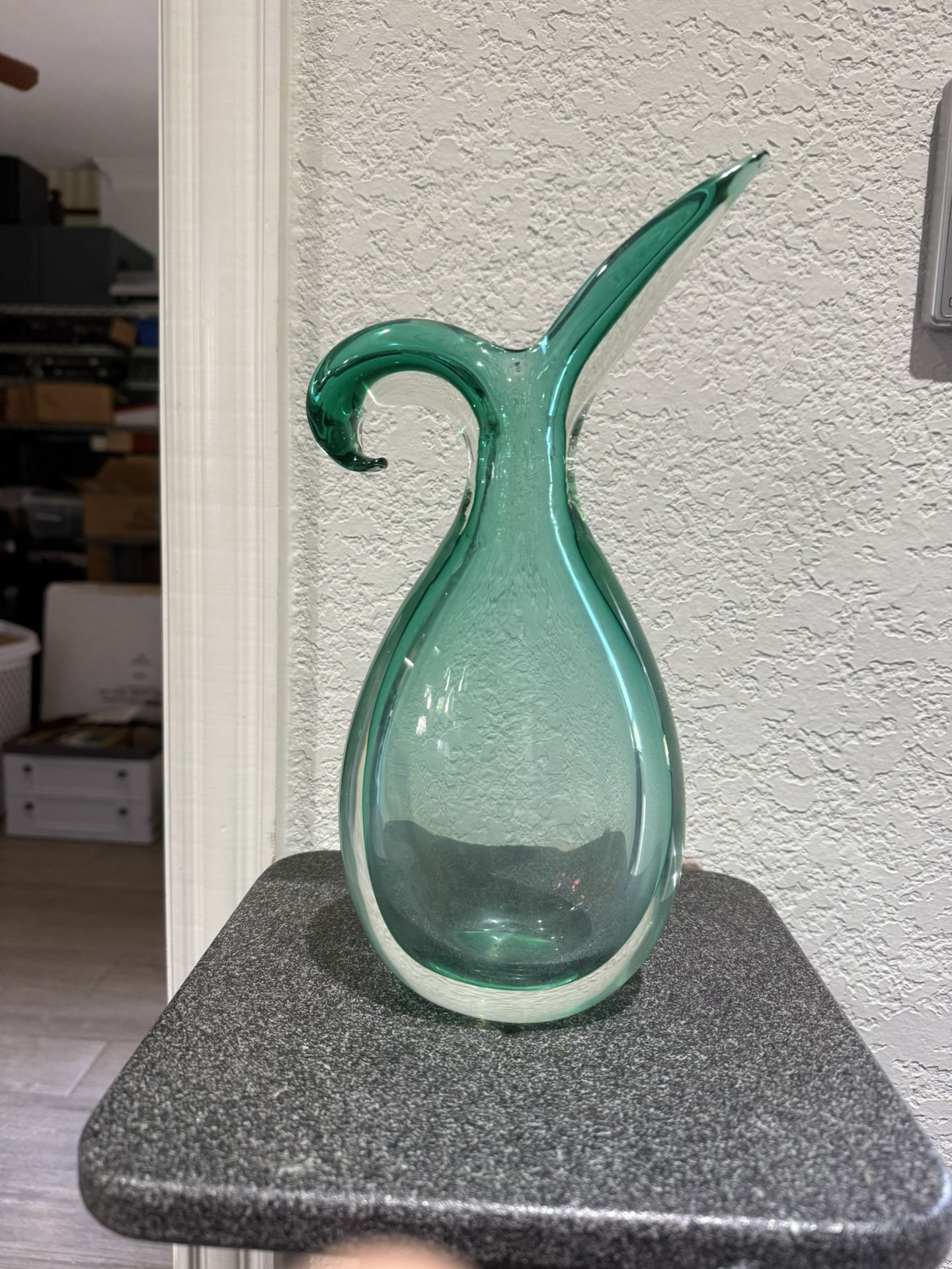 Vintage Murano Sommerso Emerald Green to Clear Art Glass Pitcher Vase 11.5" tall