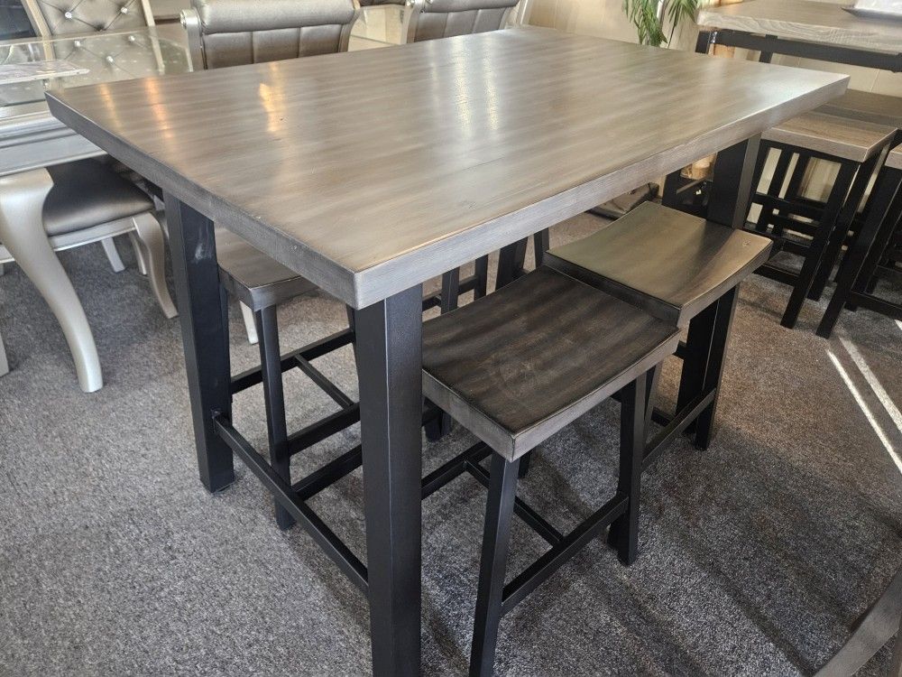 Brand New Gray Faux Marble Metal Counter High Dining Table (48"×24"×36"H) + 4 Stools