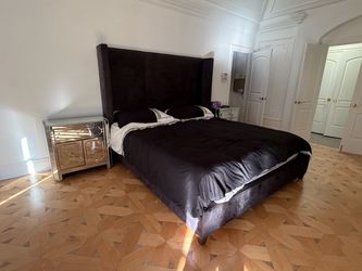 Black Velvet King Bed Frame with Tall Wingback Headboard
