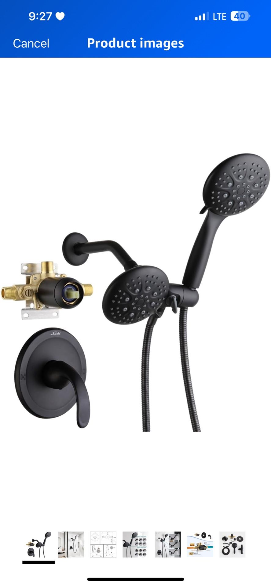 Shower Faucet Set with Valve Matte Black Bathroom High Pressure Dual 2 in 1 Shower Head System