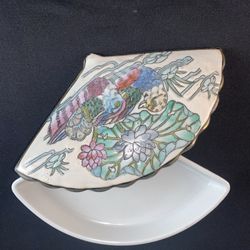 Vintage Chinese TONGHI Porcelain Fan Shape Box Macau Pastel Asian birds