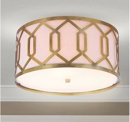 JONATHAN Y 16.25" Brass Gold LED Flush Mount Ceiling Light, Modern 3-Light Geometric Hexagon Metal Fixture for Living Room Bedroom, White Linen Drum S