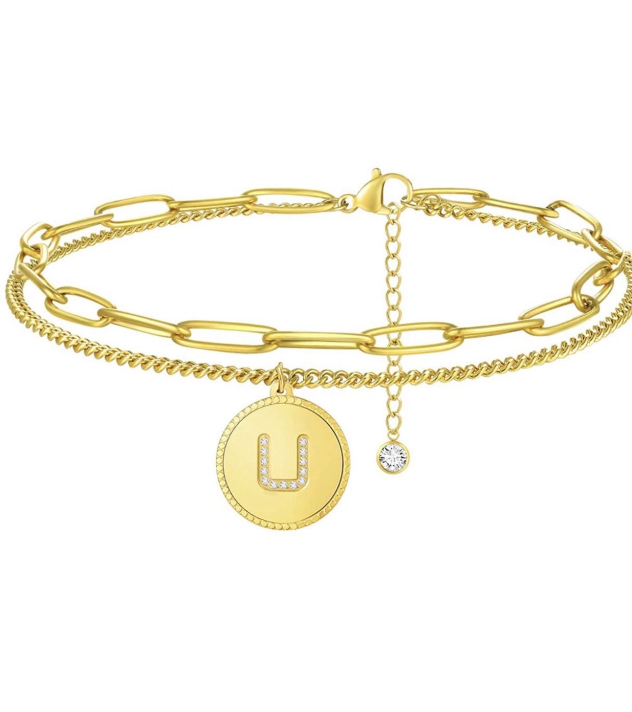 Womens Gold Initial Anklets U Letter Ankle Bracelet for Women Double Chain Adjustable