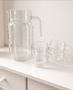 Glass Pitcher & 4 Double Walled Teacups