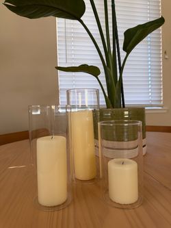 Pillar Candles with Glass Hurricane Holders Set of 3