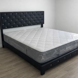 New Queen Bed Frame + Plastic Sealed Queen Mattress + Box Spring 