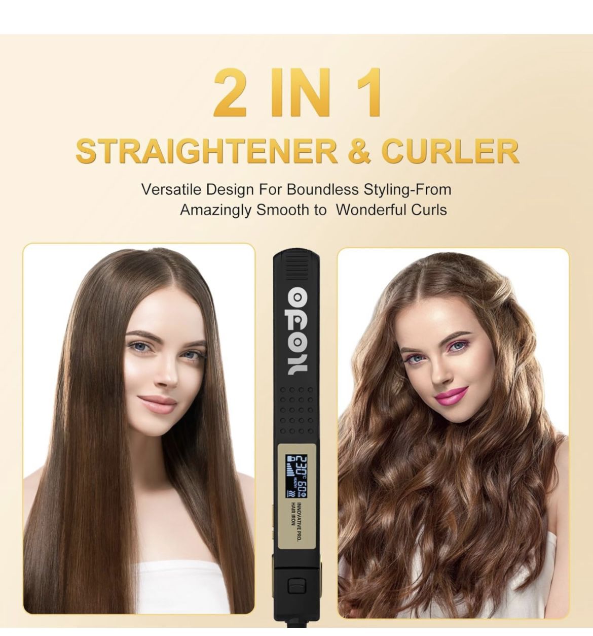 Titanium Flat Iron Hair Straightener and Curler, 2-in-1 Ion Hair Styler with Digital LCD Display, Dual Voltage Instant Heating for Professional Straig